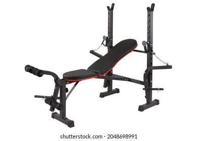 universal barbell press machine, with bench and other equipment, on white background, isolated