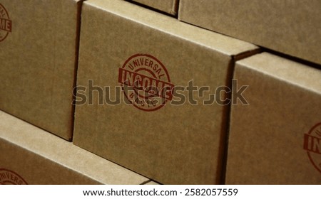 Universal Basic Income stamp printed on cardboard box. Periodic payment citizens earnings concept.