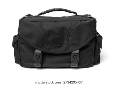 A universal black camera bag with padding and multiple pockets. Perfect for product advertising, lifestyle photography, and camera equipment storage concepts.