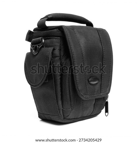 A universal black camera bag with padding and multiple pockets. Perfect for product advertising, lifestyle photography, and camera equipment storage concepts.