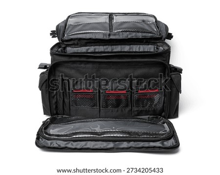 A universal black camera bag with padding and multiple pockets. Perfect for product advertising, lifestyle photography, and camera equipment storage concepts.