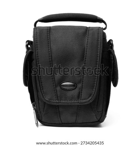 A universal black camera bag with padding and multiple pockets. Perfect for product advertising, lifestyle photography, and camera equipment storage concepts.
