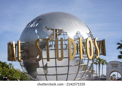 Universal City, CA, USA - Mar 21, 2022: Closeup Of The Spinning Globe Seen At The Main Entrance To The Universal Studios Hollywood, A Film Studio And Theme Park In The Los Angeles County, California.