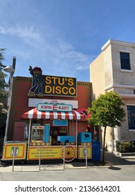 Universal City, California, USA - February 13, 2020: Stu's Disco and Kwik-E-Kart at Universal Studios Hollywood