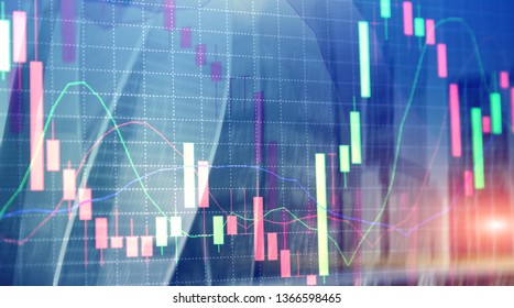 Universal finance abstract background Economic growth graph chart on futuristic city. Double exposure.