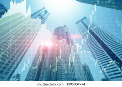 Universal Finance Abstract Background Economic Trading Growth Graph Chart On Futuristic Dubai City. Double Exposure.