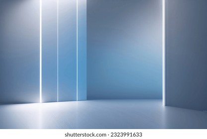 Universal minimalistic blue background for presentation. A light blue wall in the interior with beautiful built-in lighting and a smooth floor.	
					