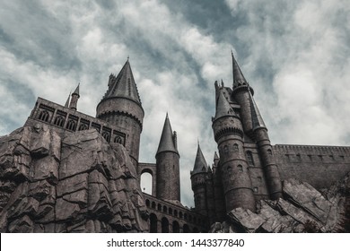 UNIVERSAL STUDIOS JAPAN, OSAKA, JAPAN- JUNE 14, 2018: The Wizarding World of Harry Potter-The castle in Hogwarts School of Witchcraft and Wizardry