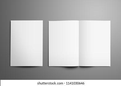 Universal tempalte with two white  A4, (A5) bi-fold brochures with realistic  shadows isolated on gray background. One booklet is closed the second is open on the spread.  Top of view. 
