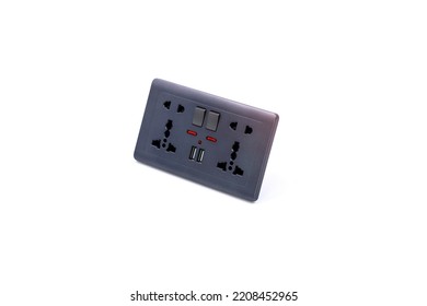 Universal Wall Outlet AC Power Plug With USB 5.0V DC Output Socket Isolated On White Background.