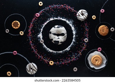 Universe cookies  donuts   cereals  Creative photo  dark galaxy background