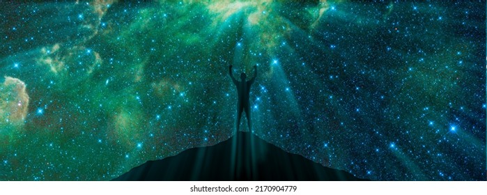 Universe and Man. achievements in Self-knowledge, mind, meditation. spiritual practices. spiritual development. Night sky and silhouette of a standing man. Night time landscape - Powered by Shutterstock