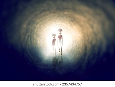 Universe, portal and invasion with aliens walking in space for an invasion or mission to explore the galaxy. Horror, fantasy or extraterrestrial life with supernatural beings in a tunnel for travel