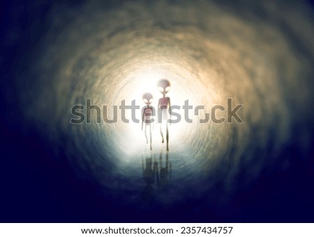Universe, portal and invasion with aliens walking in space for an invasion or mission to explore the galaxy. Horror, fantasy or extraterrestrial life with supernatural beings in a tunnel for travel