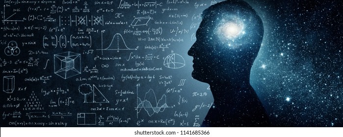The universe within. Silhouette of a man inside the universe, physical and mathematical formulas.. The concept on scientific and philosophical topics.  Elements of this image furnished by NASA.