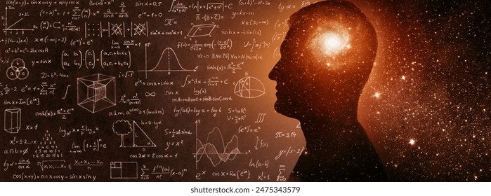 The universe within. Silhouette of a man inside the universe, physical and mathematical formulas.. The concept on scientific and philosophical topics.  Elements of this image furnished by NASA.