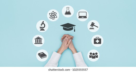 University, Academy And Education Concept Icons And Student's Hands, Top View: Learning And Career Concept