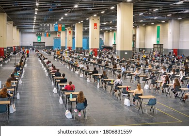 University Admission Tests Set Up Inside An Exhibition Hall With Anti-Covid Measures. Turin, Italy - September 2020