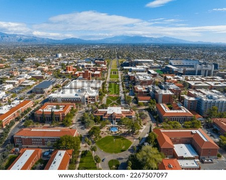 University of Arizona main campus aerial view including University Mall and Old Main Building in city of Tucson, Arizona AZ, USA. 