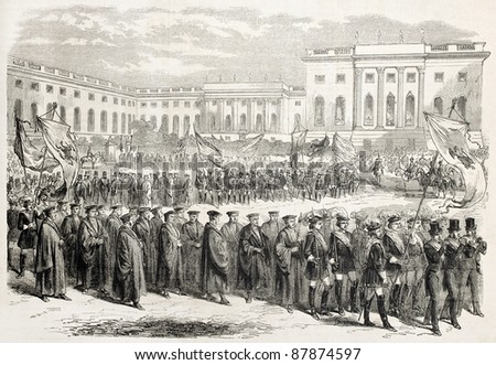University of Berlin jubilee: academic procession towards St Nicholas church (Nikolaikirche). Created by Godefroy-Durand after Poetsch, published on L'Illustration, Journal Universel, Paris, 1860