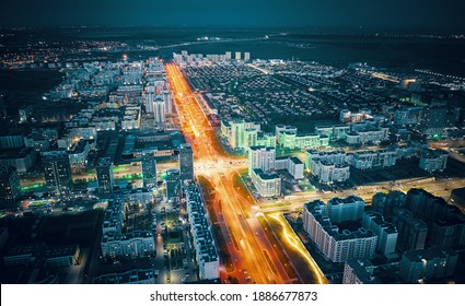 University Campus Aerial View. High Altitude City View. Sunset Shot Of Urban Area In Summer.