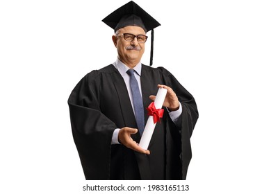 University Dean In A Graduation Gown Holding A Diploma Isolated On White Background