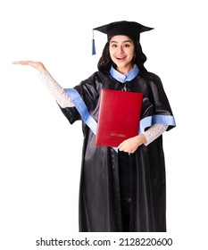 University graduate wearing academic regalia with red diploma isolated on white. - Shutterstock ID 2128220600