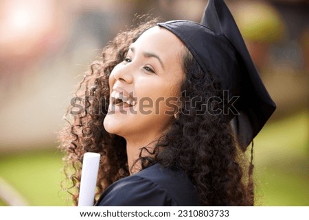 University graduate, woman portrait and laugh with school achievement outdoor with smile and diploma. Female person, education certificate and campus with student and happiness from study success