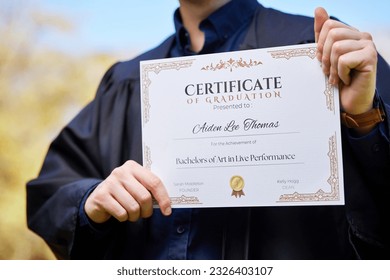 University, hands and closeup of a graduation certificate for success, achievement or goal. Scholarship, college and zoom of graduate, student or person holding degree or diploma scroll for education