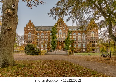 The university library in Lund an early morning in autumn colours, Lund, Sweden, October 30, 2019