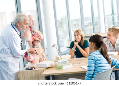 University - Medical Students With Professor And Human Anatomical Model In Classroom