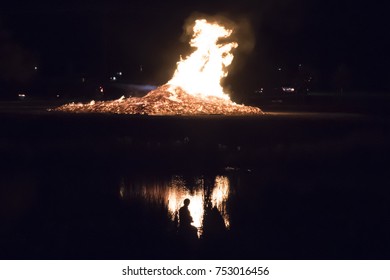 University Of North Texas Bonfire For Homecoming Week With Reflection And Silhouette 