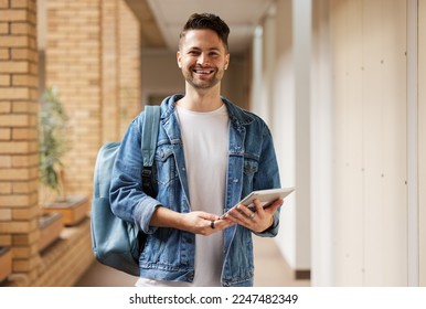 University portrait and man student with tablet for academic learning, research and studying online. Education, knowledge and Gen Z college learner at campus on break in California, USA. - Powered by Shutterstock