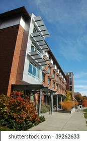 A university residence hall on a beautiful fall day