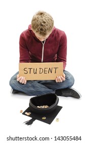 University Student Begging with Mortar Board Graduation Cap - Education Costs