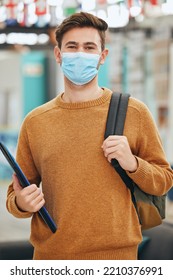 University Student And Covid Portrait Of Man With Face Mask Protection For Virus Transmission. Responsibility And Respect Of Guy With Corona Cover For Infection Prevention At College Campus.