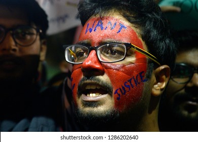 University Student Paint His Face And Shout Slogan During A Rally To Protest Against Minor Girl Allegedly Gang Raped And Murdered In Patwatoli Of Gaya, Bihar On January 16, 2019 In Calcutta, India.