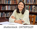 University student, portrait and library or studying research for education course, learning or campus. Young woman, college and development for future scholarship with reading, books or academic