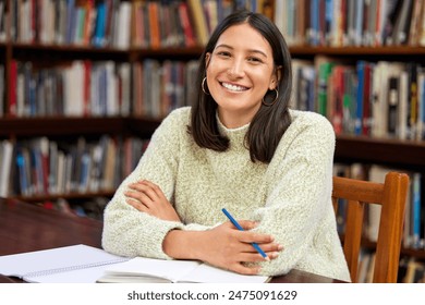 University student, portrait and library or studying research for education course, learning or campus. Young woman, college and development for future scholarship with reading, books or academic