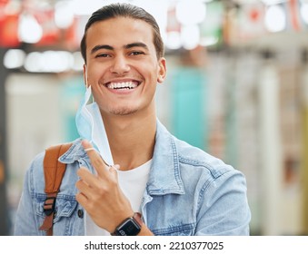 University Student Remove Face Mask, End Of Covid And Safety For Learning, Education And Studying At Back To School College In Portugal. Portrait Happy Campus Man Excited For Corona Virus Freedom