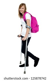 University Student Walking With Help Of Crutches. Accidental Case.