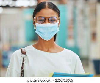 University Student, Woman Portrait And Covid Face Mask For College, Education And Learning. Young Campus Female Safety In Corona Virus Pandemic, Flu Bacteria And Health Protection At Studying School