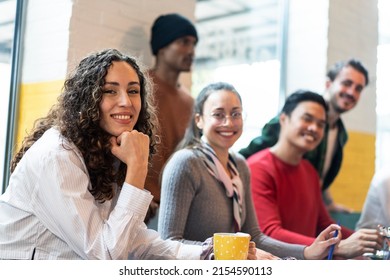 University Students Multiethnic Team Studying Together  On A New Project In Creative Coworking Classroom - University Concept - Bright Filter With Focus On First Woman On Left