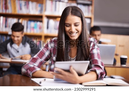 University, tablet and woman in school library for online research, studying and learning. Education, college academy and happy female student on digital tech for knowledge, internet and website