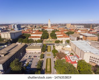 University Of Texas At Austin Aerial View Including UT Tower And Main Building In Campus, Austin, Texas, USA.