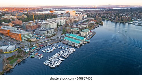 University Of Washington, Stadium, Bellevue, Lake Washington Background Aerial Panorama At Sunset