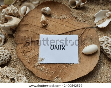 Unix writing on beach sand background.