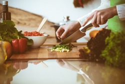 Onbekende Mensenhanden Koken In De Keuken. Vrouw Snijdt Groene Ui. Gezonde Maaltijd En Vegetarisch Voedsel Concept