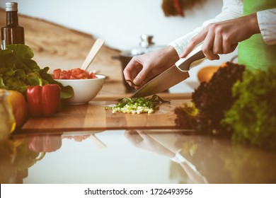 Unknown human hands cooking in kitchen. Woman slicing green onion. Healthy meal, and vegetarian food concept