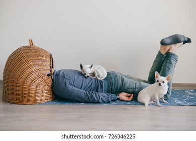 Unknown male lying on yoga mat. Head in wicker doghouse. Man in fashionable clothing. Weird odd bizarre strange unusual headless guy. Little mexican chihuahua puppies sleeping at home. Homeless dogs
